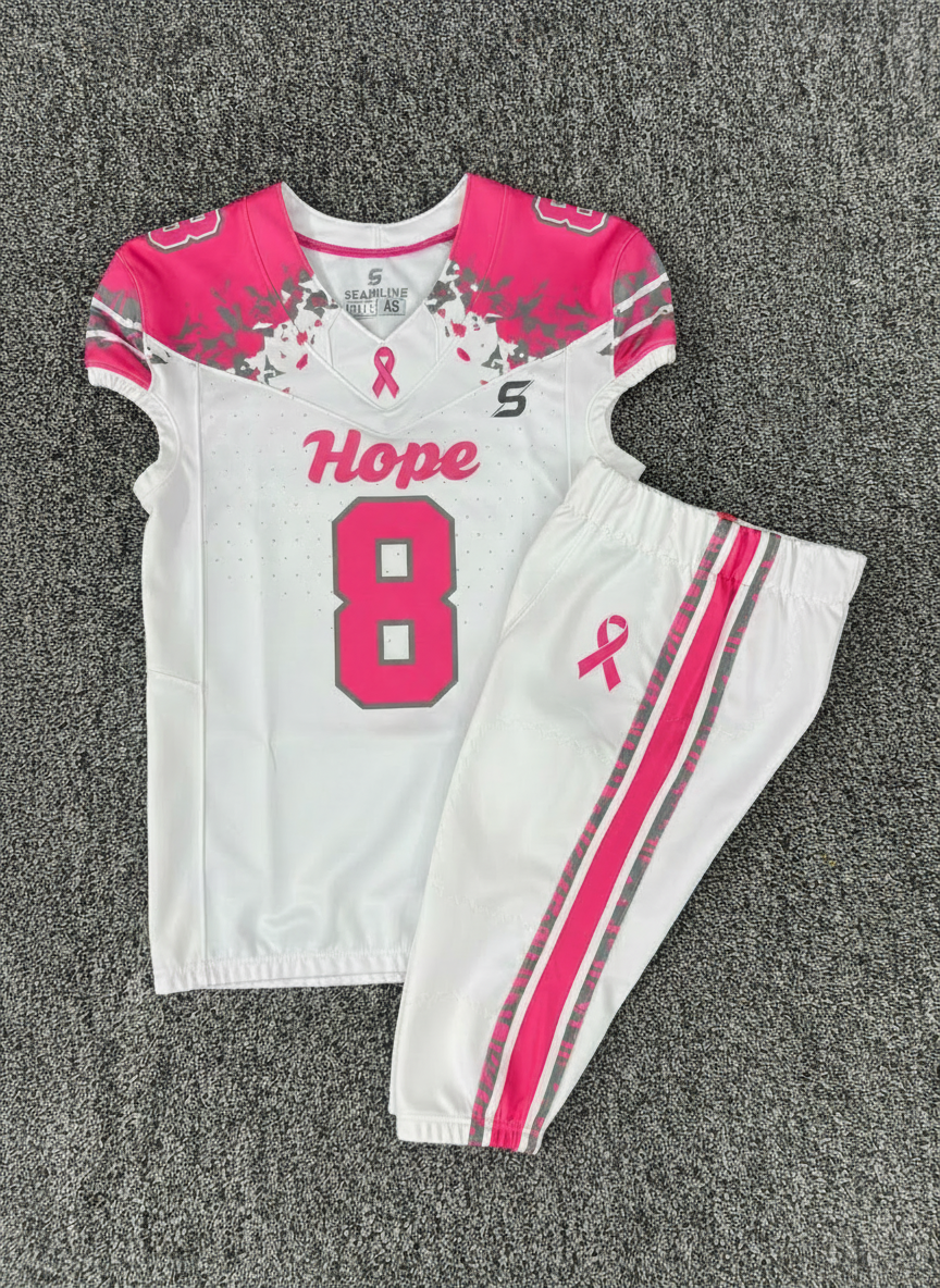 Custom breast cancer awareness football jersey concept with pink accents
